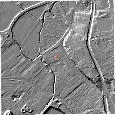 Shaded relief map of the ground around CH14DP, computed from Environment Agency LiDAR. The ground here sits at about 6 m above sea level and falls 16 m across the surrounding 800 m. Surface water reaching this point runs off ground lying to the east-south-east, 1.3 m higher.