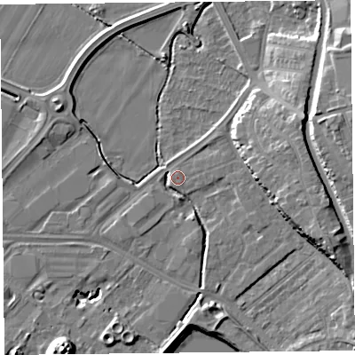 Shaded relief map of the ground around CH14DW, computed from Environment Agency LiDAR. The ground here sits at about 6 m above sea level and falls 15 m across the surrounding 800 m. Surface water reaching this point runs off ground lying to the east-south-east, 8.6 m higher.