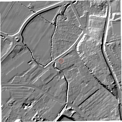 Shaded relief map of the ground around CH14DY, computed from Environment Agency LiDAR. The ground here sits at about 6 m above sea level and falls 15 m across the surrounding 800 m. Surface water reaching this point runs off ground lying to the east-south-east, 8.6 m higher.
