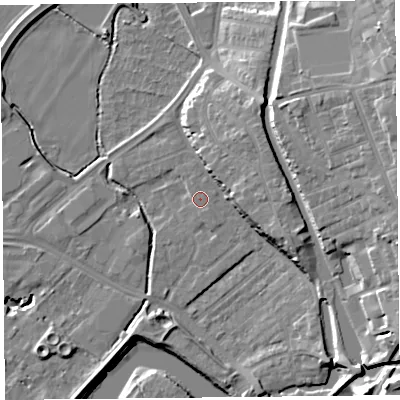 Shaded relief map of the ground around CH14DZ, computed from Environment Agency LiDAR. The ground here sits at about 6 m above sea level and falls 19 m across the surrounding 800 m. The ground contributing surface water to this point lies to the south-south-east.