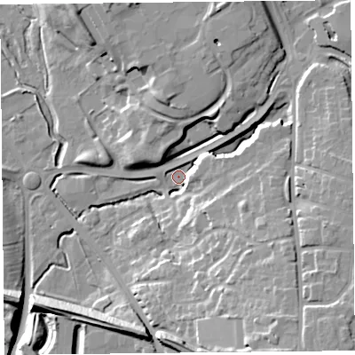Shaded relief map of the ground around CH14EA, computed from Environment Agency LiDAR. The ground here sits at about 8 m above sea level and falls 22 m across the surrounding 800 m. Surface water reaching this point runs off ground lying to the east-north-east, 11.9 m higher.