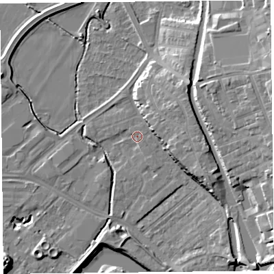 Shaded relief map of the ground around CH14EQ, computed from Environment Agency LiDAR. The ground here sits at about 6 m above sea level and falls 18 m across the surrounding 800 m. Surface water reaching this point runs off ground lying to the south-east, 1.3 m higher.
