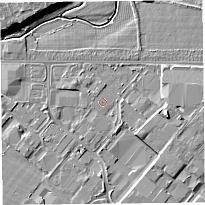 Shaded relief map of the ground around CH14EX, computed from Environment Agency LiDAR. The ground here sits at about 5 m above sea level and falls 16 m across the surrounding 800 m. The ground contributing surface water to this point lies to the north-west.