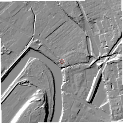 Shaded relief map of the ground around CH14GB, computed from Environment Agency LiDAR. The ground here sits at about 6 m above sea level and falls 23 m across the surrounding 800 m. Surface water reaching this point runs off ground lying to the east, 2.2 m higher.