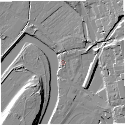 Shaded relief map of the ground around CH14HZ, computed from Environment Agency LiDAR. The ground here sits at about 7 m above sea level and falls 24 m across the surrounding 800 m. Surface water reaching this point runs off ground lying to the north-north-east, 2.2 m higher.