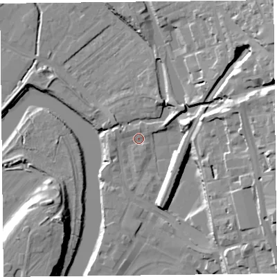 Shaded relief map of the ground around CH14JA, computed from Environment Agency LiDAR. The ground here sits at about 6 m above sea level and falls 27 m across the surrounding 800 m. Surface water reaching this point runs off ground lying to the east-north-east, 21.8 m higher.