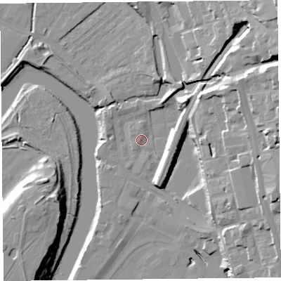 Shaded relief map of the ground around CH14JB, computed from Environment Agency LiDAR. The ground here sits at about 7 m above sea level and falls 30 m across the surrounding 800 m. Surface water reaching this point runs off ground lying to the north-east, 12.3 m higher.