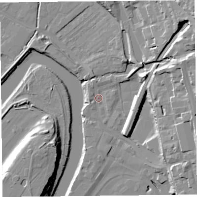 Shaded relief map of the ground around CH14JD, computed from Environment Agency LiDAR. The ground here sits at about 6 m above sea level and falls 25 m across the surrounding 800 m. Surface water reaching this point runs off ground lying to the north-east, 20.2 m higher.