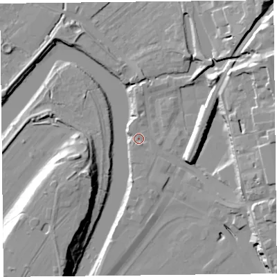 Shaded relief map of the ground around CH14JF, computed from Environment Agency LiDAR. The ground here sits at about 6 m above sea level and falls 24 m across the surrounding 800 m. Surface water reaching this point runs off ground lying to the south-south-east, 1.5 m higher.