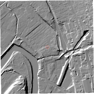 Shaded relief map of the ground around CH14JG, computed from Environment Agency LiDAR. The ground here sits at about 7 m above sea level and falls 27 m across the surrounding 800 m. Surface water reaching this point runs off ground lying to the east, 2.0 m higher.