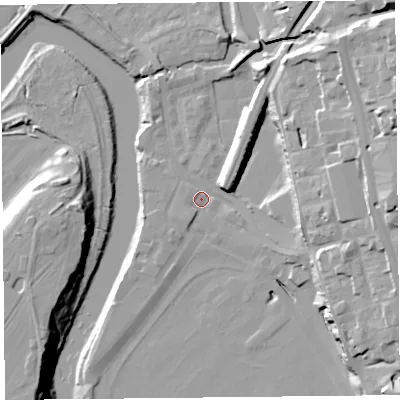 Shaded relief map of the ground around CH14JH, computed from Environment Agency LiDAR. The ground here sits at about 6 m above sea level and falls 27 m across the surrounding 800 m. Surface water reaching this point runs off ground lying to the north-east, 23.4 m higher.