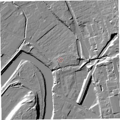 Shaded relief map of the ground around CH14JJ, computed from Environment Agency LiDAR. The ground here sits at about 7 m above sea level and falls 25 m across the surrounding 800 m. Surface water reaching this point runs off ground lying to the east-north-east, 2.2 m higher.
