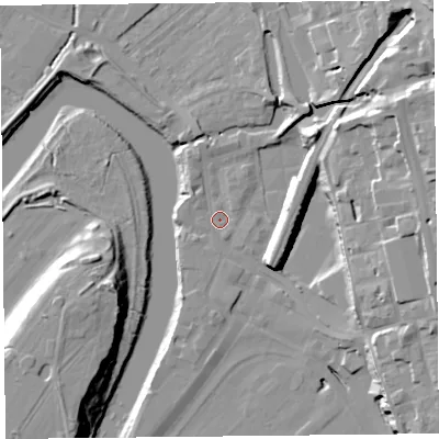 Shaded relief map of the ground around CH14JL, computed from Environment Agency LiDAR. The ground here sits at about 6 m above sea level and falls 25 m across the surrounding 800 m. Surface water reaching this point runs off ground lying to the north-east, 20.5 m higher.