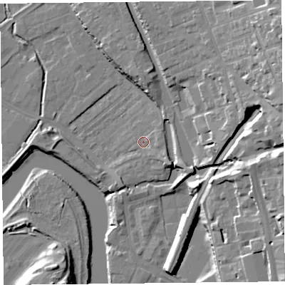 Shaded relief map of the ground around CH14JN, computed from Environment Agency LiDAR. The ground here sits at about 7 m above sea level and falls 28 m across the surrounding 800 m. Surface water reaching this point runs off ground lying to the south-east, 3.5 m higher.