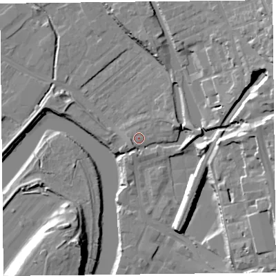 Shaded relief map of the ground around CH14JP, computed from Environment Agency LiDAR. The ground here sits at about 7 m above sea level and falls 25 m across the surrounding 800 m. Surface water reaching this point runs off ground lying to the south-west, 1.5 m higher.