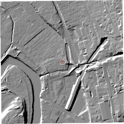 Shaded relief map of the ground around CH14JQ, computed from Environment Agency LiDAR. The ground here sits at about 8 m above sea level and falls 30 m across the surrounding 800 m. Surface water reaching this point runs off ground lying to the east, 3.7 m higher.
