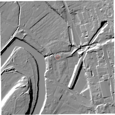 Shaded relief map of the ground around CH14JR, computed from Environment Agency LiDAR. The ground here sits at about 7 m above sea level and falls 26 m across the surrounding 800 m. Surface water reaching this point runs off ground lying to the east-north-east, 20.9 m higher.