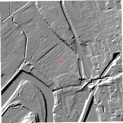 Shaded relief map of the ground around CH14JS, computed from Environment Agency LiDAR. The ground here sits at about 6 m above sea level and falls 25 m across the surrounding 800 m. Surface water reaching this point runs off ground lying to the north-east, 7.5 m higher.