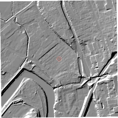 Shaded relief map of the ground around CH14JT, computed from Environment Agency LiDAR. The ground here sits at about 6 m above sea level and falls 24 m across the surrounding 800 m. Surface water reaching this point runs off ground lying to the north-east, 7.6 m higher.