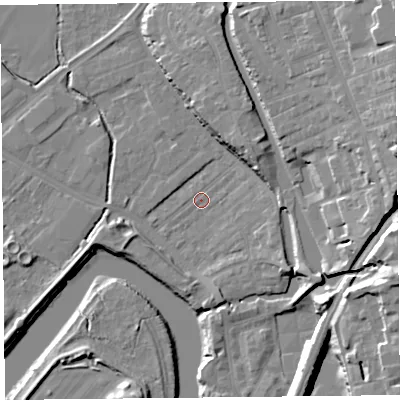 Shaded relief map of the ground around CH14JU, computed from Environment Agency LiDAR. The ground here sits at about 6 m above sea level and falls 23 m across the surrounding 800 m. Surface water reaching this point runs off ground lying to the east-north-east, 2.3 m higher.