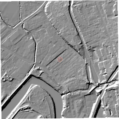 Shaded relief map of the ground around CH14JX, computed from Environment Agency LiDAR. The ground here sits at about 6 m above sea level and falls 22 m across the surrounding 800 m. Surface water reaching this point runs off ground lying to the north-east, 1.7 m higher.