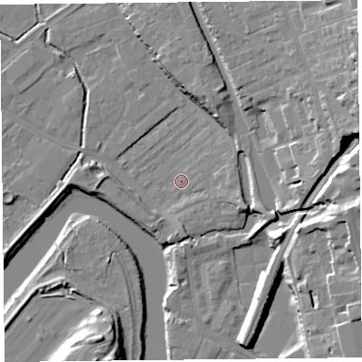 Shaded relief map of the ground around CH14JY, computed from Environment Agency LiDAR. The ground here sits at about 6 m above sea level and falls 24 m across the surrounding 800 m. Surface water reaching this point runs off ground lying to the east-north-east, 5.4 m higher.
