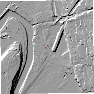 Shaded relief map of the ground around CH14LA, computed from Environment Agency LiDAR. The ground here sits at about 7 m above sea level and falls 27 m across the surrounding 800 m. Surface water reaching this point runs off ground lying to the north-east, 19.9 m higher.