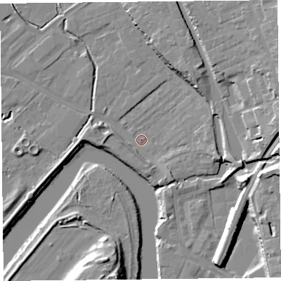 Shaded relief map of the ground around CH14LB, computed from Environment Agency LiDAR. The ground here sits at about 5 m above sea level and falls 20 m across the surrounding 800 m. Surface water reaching this point runs off ground lying to the north-east, 8.2 m higher.