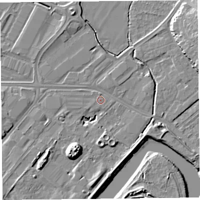 Shaded relief map of the ground around CH14LD, computed from Environment Agency LiDAR. The ground here sits at about 5 m above sea level and falls 13 m across the surrounding 800 m. Surface water reaching this point runs off ground lying to the north-north-west, 0.6 m higher.