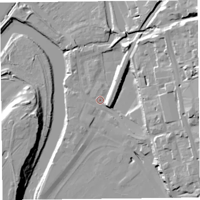 Shaded relief map of the ground around CH14LE, computed from Environment Agency LiDAR. The ground here sits at about 7 m above sea level and falls 30 m across the surrounding 800 m. Surface water reaching this point runs off ground lying to the north-east, 19.9 m higher.