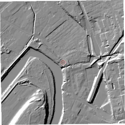 Shaded relief map of the ground around CH14LF, computed from Environment Agency LiDAR. The ground here sits at about 6 m above sea level and falls 23 m across the surrounding 800 m. Surface water reaching this point runs off ground lying to the north-east, 1.8 m higher.