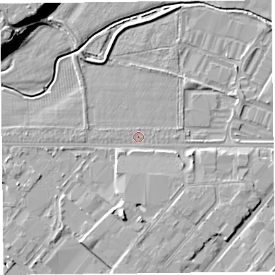Shaded relief map of the ground around CH14LG, computed from Environment Agency LiDAR. The ground here sits at about 5 m above sea level and falls 19 m across the surrounding 800 m. Surface water reaching this point runs off ground lying to the south, 4.9 m higher.