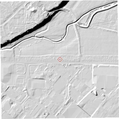 Shaded relief map of the ground around CH14LH, computed from Environment Agency LiDAR. The ground here sits at about 5 m above sea level and falls 21 m across the surrounding 800 m. Surface water reaching this point runs off ground lying to the east, 0.7 m higher.