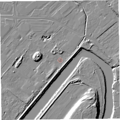 Shaded relief map of the ground around CH14LJ, computed from Environment Agency LiDAR. The ground here sits at about 5 m above sea level and falls 17 m across the surrounding 800 m. Surface water reaching this point runs off ground lying to the south-south-west, 3.2 m higher.