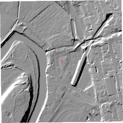 Shaded relief map of the ground around CH14LL, computed from Environment Agency LiDAR. The ground here sits at about 7 m above sea level and falls 27 m across the surrounding 800 m. Surface water reaching this point runs off ground lying to the east-north-east, 21.0 m higher.