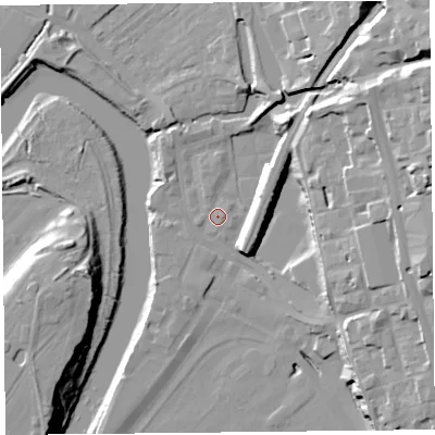 Shaded relief map of the ground around CH14LN, computed from Environment Agency LiDAR. The ground here sits at about 7 m above sea level and falls 27 m across the surrounding 800 m. Surface water reaching this point runs off ground lying to the north-east, 12.3 m higher.