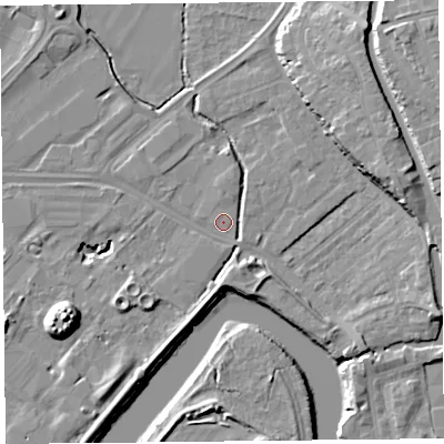 Shaded relief map of the ground around CH14LP, computed from Environment Agency LiDAR. The ground here sits at about 5 m above sea level and falls 15 m across the surrounding 800 m. Surface water reaching this point runs off ground lying to the north-east, 3.1 m higher.