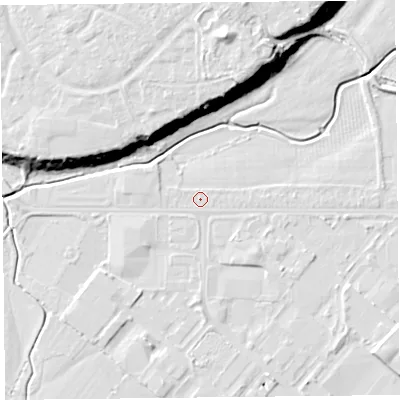 Shaded relief map of the ground around CH14LQ, computed from Environment Agency LiDAR. The ground here sits at about 5 m above sea level and falls 21 m across the surrounding 800 m. Surface water reaching this point runs off ground lying to the east, 0.8 m higher.