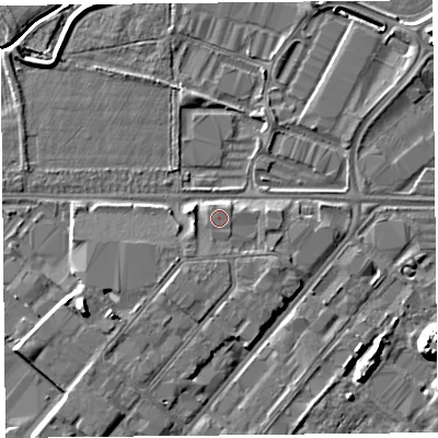Shaded relief map of the ground around CH14LS, computed from Environment Agency LiDAR. The ground here sits at about 6 m above sea level and falls 9 m across the surrounding 800 m. The ground contributing surface water to this point lies to the south-west.