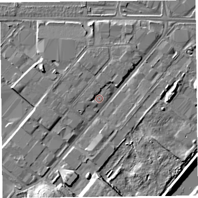 Shaded relief map of the ground around CH14LT, computed from Environment Agency LiDAR. The ground here sits at about 6 m above sea level and falls 10 m across the surrounding 800 m. Surface water reaching this point runs off ground lying to the north-north-east, 1.4 m higher.