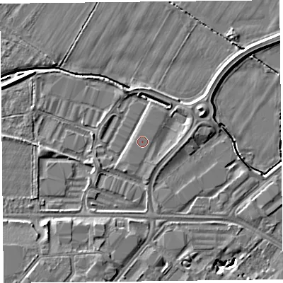 Shaded relief map of the ground around CH14LU, computed from Environment Agency LiDAR. The ground here sits at about 5 m above sea level and falls 7 m across the surrounding 800 m. The ground contributing surface water to this point lies to the east-north-east.