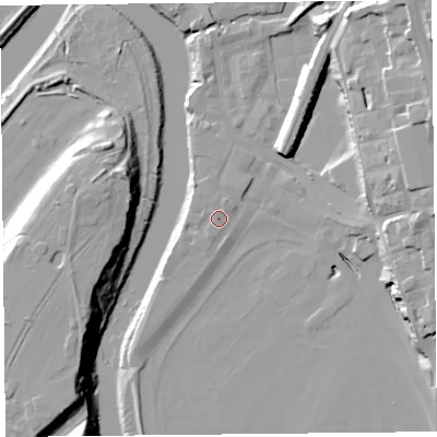 Shaded relief map of the ground around CH14LW, computed from Environment Agency LiDAR. The ground here sits at about 7 m above sea level and falls 23 m across the surrounding 800 m. Surface water reaching this point runs off ground lying to the south-south-west, 1.3 m higher.