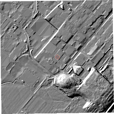 Shaded relief map of the ground around CH14LX, computed from Environment Agency LiDAR. The ground here sits at about 6 m above sea level and falls 10 m across the surrounding 800 m. Surface water reaching this point runs off ground lying to the west-south-west, 0.7 m higher.
