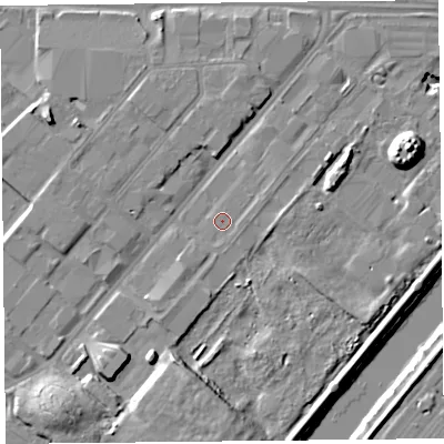 Shaded relief map of the ground around CH14LY, computed from Environment Agency LiDAR. The ground here sits at about 6 m above sea level and falls 13 m across the surrounding 800 m. Surface water reaching this point runs off ground lying to the east-north-east, 1.0 m higher.