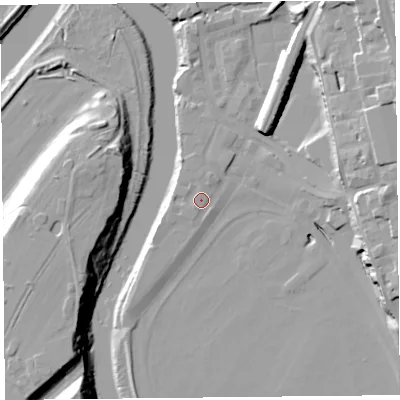 Shaded relief map of the ground around CH14LZ, computed from Environment Agency LiDAR. The ground here sits at about 7 m above sea level and falls 23 m across the surrounding 800 m. Surface water reaching this point runs off ground lying to the south-west, 1.2 m higher.