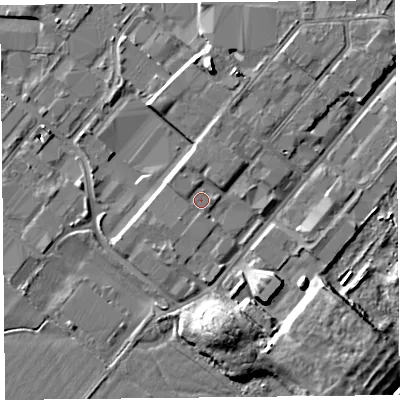 Shaded relief map of the ground around CH14NE, computed from Environment Agency LiDAR. The ground here sits at about 6 m above sea level and falls 9 m across the surrounding 800 m. Surface water reaching this point runs off ground lying to the north-north-west, 1.4 m higher.