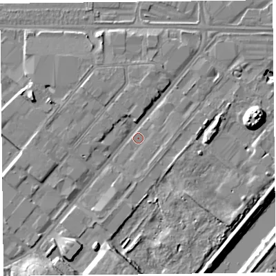 Shaded relief map of the ground around CH14NN, computed from Environment Agency LiDAR. The ground here sits at about 6 m above sea level and falls 13 m across the surrounding 800 m. Surface water reaching this point runs off ground lying to the east, 1.8 m higher.
