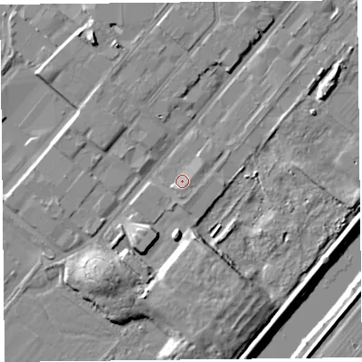 Shaded relief map of the ground around CH14NP, computed from Environment Agency LiDAR. The ground here sits at about 6 m above sea level and falls 10 m across the surrounding 800 m. Surface water reaching this point runs off ground lying to the east-north-east, 1.5 m higher.