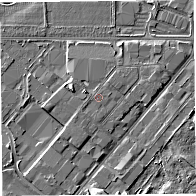 Shaded relief map of the ground around CH14NS, computed from Environment Agency LiDAR. The ground here sits at about 7 m above sea level and falls 7 m across the surrounding 800 m. The ground contributing surface water to this point lies to the east-north-east.