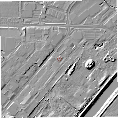 Shaded relief map of the ground around CH14NT, computed from Environment Agency LiDAR. The ground here sits at about 6 m above sea level and falls 13 m across the surrounding 800 m. Surface water reaching this point runs off ground lying to the south, 1.2 m higher.